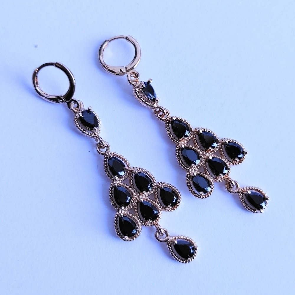 Gold and Black Crystal Tier of Teardrop Dangle Earrings